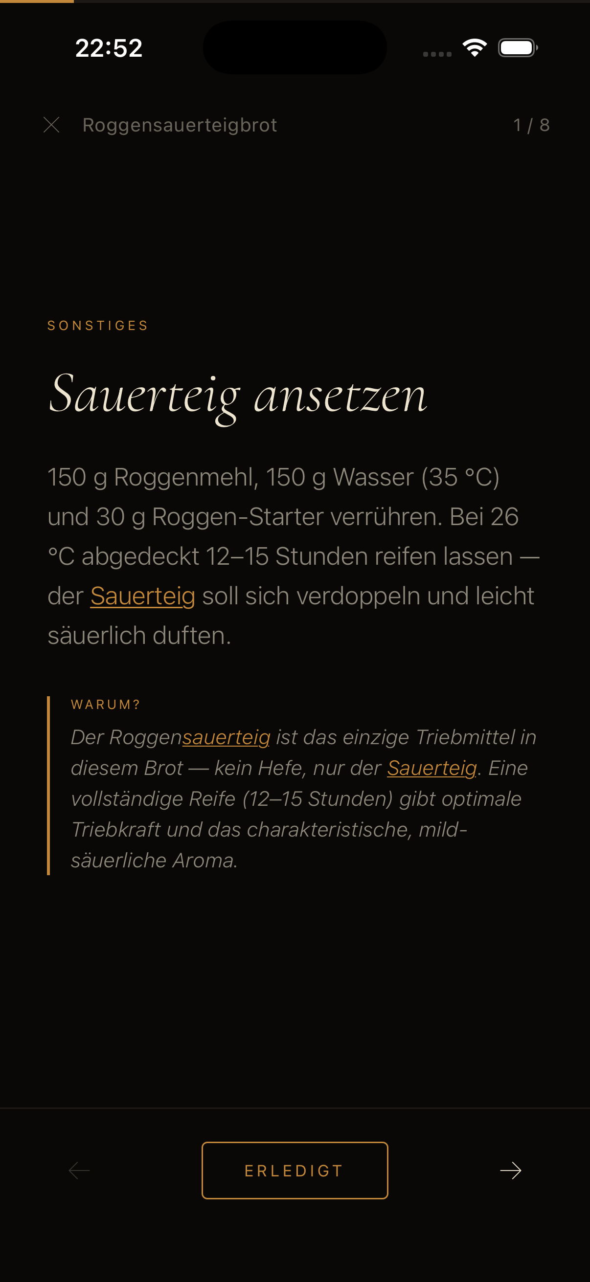 Krume App – Küchenmodus mit wischbaren Schritten und Timer